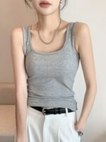 Solid Color Casual, U-Neck, Wide Shoulder Vest, Women'S Tank Top, Versatile Innerwear Or Outerwear, Sleeveless Vest, Comfortable And Simple, Suitable For Spring, Summer, Autumn Tops, Can Be Worn In Winter, Christmas, Valentine'S Day - Image 3