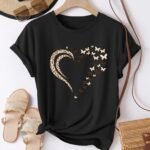 Casual Crew Neck Short Sleeve T-Shirt, Women'S Polyester Basic Round Neck Pullover, Heart Butterfly Pattern, With Slight Stretch, Regular Length And H Fit
