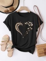 Casual Crew Neck Short Sleeve T-Shirt, Women'S Polyester Basic Round Neck Pullover, Heart Butterfly Pattern, With Slight Stretch, Regular Length And H Fit