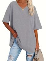 Women'S Loose-Fit V-Neck Half-Sleeve Blouse - Soft Stretch, Solid Color, Spring/Summer Casual & Formal Wear, Elegant & Breathable, Transitional Weather Clothing, Middle Eastern Style, Comfortable Fit, Stretchy Fabric Top