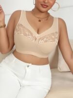 Plus Size Contrast Lace Trim Bra - Breathable Comfortable Stretch Fabric, No Underwire & No Padding, Soft Beige Sexy Casual Attire, Lace Lingerie, Elegant Intimate Apparel, Smooth Texture Finish - Image 4