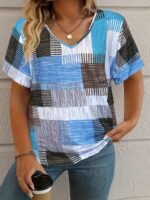 Plus Size, Plus Size Women'S Casual V-Neck Short Sleeve T-Shirt - Stretchy Patchwork Print Top With Lime Green & Purple Geometric Design, Machine Washable For Spring Summer Fall, Seasonal Fashion, Nontransparent Fabric, Highelastic Material - Image 5