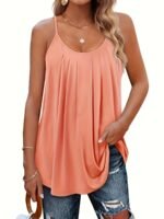 Plus Size, Women'S Casual Loose Fit Ruched Sleeve Round Neck Tank Top - Beige Breathable Stretchy Blouse For Spring/Autumn, Machine Washable - Image 3