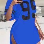 Women'S Casual Longline T-Shirt With Bold '99' Graphic Print - Vibrant Blue Relaxed Fit, Mid-Stretch Machine-Washable Fabric For All-Season Comfort, Cute T Shirts, Everyday Clothing, Sporty Aesthetic, Stretchy Material