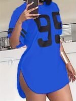 Women'S Casual Longline T-Shirt With Bold '99' Graphic Print - Vibrant Blue Relaxed Fit, Mid-Stretch Machine-Washable Fabric For All-Season Comfort, Cute T Shirts, Everyday Clothing, Sporty Aesthetic, Stretchy Material