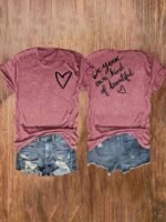 Women'S Be Your Own Kind Of Beautiful Print T-Shirt - Front & Back Motivational Graphic Tee, Soft Stretch Round Neck Short Sleeve Casual Top, Machine Washable All-Season Comfort Fit, Vacation Clothing, Graphic Heart Design, Medium Elasticity Fabric - Image 5