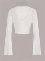 Lettuce Trim Tie Front Crop T-Shirt, Y2K Solid Color Long Sleeve T-Shirt For Spring & Fall, Women'S Clothing - Image 2