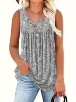 Women'S Floral Print Sleeveless Henley Neck Top - Casual Summer Tank Top, Green With White Flowers, V-Neck, Button Detail, Polyester Fabric, Perfect For Vacation Or Casual Attire, Summer Casual Wear | Vneck Top | Medium Stretch Material, Floral Print Tank To - Image 3
