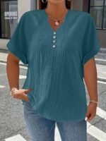 Plus Size, Women'S Plus Size New European And American Spring/Summer Short Sleeve Button Solid Color Elegant Casual T-Shirt