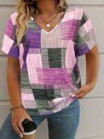 Plus Size, Plus Size Women'S Casual V-Neck Short Sleeve T-Shirt - Stretchy Patchwork Print Top With Lime Green & Purple Geometric Design, Machine Washable For Spring Summer Fall, Seasonal Fashion, Nontransparent Fabric, Highelastic Material - Image 7