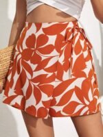 Elegant Short Skirt Pants For Women With Floral Print And Drawstring Elastic Waist. - Image 3