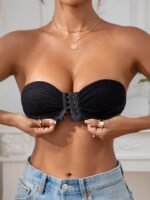 Soft Touch Chic Navy Blue Strapless Bandeau Bra With Heart Pattern - Sexy Front Closure, Push-Up Support, No Underwire, Soft Polyester & Elastane Blend, Hand Washable - Women'S Lingerie - Image 7