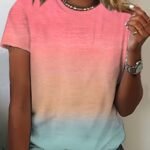 Women'S Casual Short Sleeve T-Shirt - Relaxed Fit Round Neck Geometric Print Summer Top, Gradient Pink To Mint Green, Machine Washable, Ladies T Shirts, Soft Texture Shirt