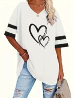 Women'S Casual V-Neck Short Sleeve T-Shirt - Royal Blue With White Heart Print, Breathable Fabric, Machine Washable For Spring Summer Fall, Seasonal Fashion, Striped Detailing, Relaxed Fit Shirt - Image 8