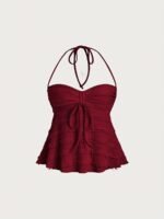 Nianian Select Y2K Off-Shoulder Halter Neck Tank Top - Solid Color Ruffled Bow Detail, Machine Washable Lightweight All-Season Women'S Sexy Backless Top - Image 2