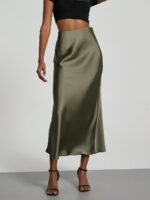 Women'S High-Waist Satin Midi Skirt - Elegant Solid Black, Flared Design, Perfect For Dates & Work, All-Season Polyester Skirt, Office Wear Skirt | Flared Skirt Style | Quality Construction - Image 8