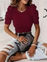 Solid Rib-Knit Puff Sleeve T-Shirt, Half Sleeve Crew Neck Casual Top, Women'S Clothing - Image 3