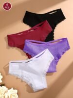 4Pcs Women'S Lingerie Briefs With Lace Trim - Sexy Ribbed Design, Solid Colors (White, Pink, Gray, Black), Soft & Comfortable Underwear For Casual Attire, Lingerie Sets, Comfortable Underwear, Elegant Underwear, Soft Fabric Underwear - Image 3
