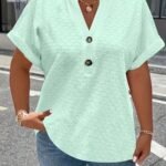 Women'S Light Green V-Neck Blouse With Button Details - Casual Short Sleeve Top For Spring/Summer, Soft Polyester Fabric, Elegant Solid Color Design, Versatile Blouse | Vneck Blouse | Elastane Comfort Fit