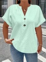 Women'S Light Green V-Neck Blouse With Button Details - Casual Short Sleeve Top For Spring/Summer, Soft Polyester Fabric, Elegant Solid Color Design, Versatile Blouse | Vneck Blouse | Elastane Comfort Fit