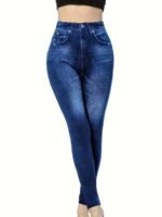 Plus Size Women'S Casual Style All-Season Stretch Denim-Look Leggings - High Elasticity, Machine Washable, Faux Pockets Detail, Polyester & Elastane Blend, Smooth Fabric, Ideal For Vacation, Plus Size Jeans.Non-Denim Pants With Denim Print - Image 8