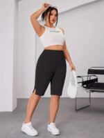 Plus Size, Plus Size High-Waisted Leggings With Side Slit - Stretchy Solid Black Pants For Women, Machine Washable & Dry Cleanable, Spring Summer Fall Casual Wear, Pants, Seasonal, Highwaisted Design, Medium Elasticity, Nontransparent Fabric, Bottoms, Breathable Material, Enthusiasts - Image 5