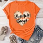 Women'S "Beautifully Broken" Heart Print Casual T-Shirt - Vibrant Orange Short Sleeve Round Neck Summer Top, Machine Washable & Affordable, Ladies T Shirts, Everyday Fashion, Relaxed Fit Tee, Allseason Wear