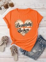 Women'S "Beautifully Broken" Heart Print Casual T-Shirt - Vibrant Orange Short Sleeve Round Neck Summer Top, Machine Washable & Affordable, Ladies T Shirts, Everyday Fashion, Relaxed Fit Tee, Allseason Wear