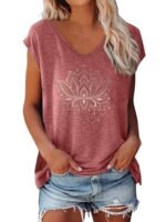 Lotus Print V-Neck T-Shirt, Casual Cap Sleeve T-Shirt For Spring & Summer, Women'S Clothing