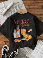 Illustration Style Cocktail Aperol Letter Print T-Shirt, Loose Casual Round Neck Top For Women. - Image 8