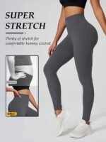 Women'S High Elasticity Activewear Full-Length Leggings, Solid Color, Soft Knitted Fabric, Women Fitness Apparel Suitable For Autumn - Image 2