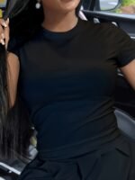 Solid Color Crew Neck T-Shirt, Casual Short Sleeve Top For Spring & Summer, Women'S Clothing - Image 5