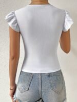 Ruffle Trim Crew Neck Top, Versatile Solid Color Slim Top For Spring & Summer, Women'S Clothing - Image 7