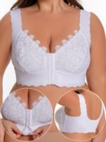 Women'S Plus Size Front Closure Wireless Bra - Elegant Water Soluble Lace Design, Wide Strap Smooth Fabric, Seamless Comfort-Fit, Polyamide Free, Lace Trimmed Vest Style, Everyday Comfort Bra | Elegant Lace Detailing | Nylon Free Fabric, Bras For Wireless Bras