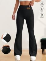 Women'S High-Waisted Flared Leggings - Elastic Waistband, Mid-Rise 9/10 Length, Stretchy Comfort Fit For Spring/Autumn Casual Wear, Black, High Waisted Leggings - Image 2