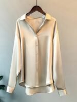 Elegant Long Sleeve Button-Up Blouse For Women - Chic Acetate Top With Lapel Collar, Solid Color, Perfect For Office Or Casual Wear, All-Season Comfort, Stylish Blouse | Classic Long Sleeve | Smooth Texture - Image 2