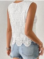 Women'S Sexy Sleeveless Lace Trim Tank Top - Solid Color White Guipure Lace Detailing, Round Neck Casual Chic Versatile Top For Spring/Autumn, Machine Washable, Lace Tank Top, Spring Autumn Apparel, Elegant Lingerie, Elegant Fabric - Image 2