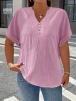 Plus Size, Women'S Plus Size New European And American Spring/Summer Short Sleeve Button Solid Color Elegant Casual T-Shirt - Image 6