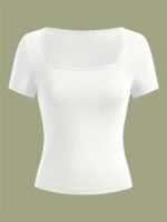 3Pcs Women'S Casual Square Neck Short Sleeve T-Shirts - High Elasticity Solid Color Tops, Machine Washable & Versatile For Casual Attire, All-Season Comfort - Image 3