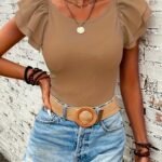 Women'S Elegant Batwing Sleeve T-Shirt - Slim Fit Pleated Detail, Medium Stretch Round Neck Top, Machine Washable Solid Color Blouse For Spring/Summer Casual & Formal Wear, Everyday Comfort Tee, Decorative Belt Style, Nontransparent Fabric