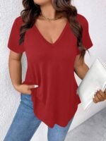 Women'S Elegant V-Neck Short Sleeve T-Shirt - Soft Stretch Fabric, Machine Washable, Solid Color Casual Top For Spring Summer Fall, Seasonal Fashion, Versatile Clothing, Nontransparent Material - Image 6