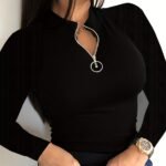 Stylish Women'S Solid Color Zip-Up T-Shirt