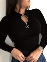 Stylish Women'S Solid Color Zip-Up T-Shirt