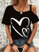 Heart Print Cold Shoulder T-Shirt, Casual Short Sleeve Backless Asymmetrical Top, Women'S Clothing - Image 2