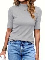 Women'S High-Neck Half-Sleeve Turtleneck T-Shirt - Stretchy Slim Fit Casual Top, Solid Black, Machine Washable For Spring/Fall Layering, Casual Attire Top, Versatile Fashion Top, Stretchy Fabric Top - Image 4