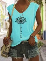 Lotus Print V Neck Tank Top, Cap Sleeve Casual Top For Summer & Spring, Women'S Clothing - Image 2