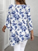 Plus Size Women'S Casual Elegant Floral Print Round Neck Blouse - Navy Blue & White Summer Top, Machine Washable Non-See-Through Fabric, Relaxed Fit For Casual Attire, Comfortable Daily Apparel | Nontransparent Material, Floral Print Blouse - Image 8
