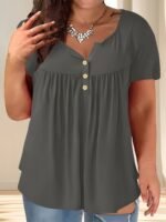 Women'S Plus Size Casual Buttoned Pleated T-Shirt, Summer Knit Fabric Top, Crew Neck, Solid Color, Slight Stretch, Oversized Pullovers, Polyester 95% Spandex 5% - Navy Blue - Image 7