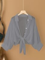 Plus Size Women'S Lightweight Semi-Sheer Chiffon Cardigan - Short Sleeve Open Front Cover-Up With Front Bow Tie Detail, Beach Cover-Up For Swimsuits, Casual Elegance All-Season Machine Washable, Seasonal Fashion | Feminine Bow Detail | Soft Drape Fabric - Image 5