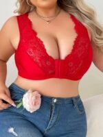 Elegant Plus Size Lace Bra With Front Closure - Comfortable & Breathable, Non-See-Through, Random Print Design